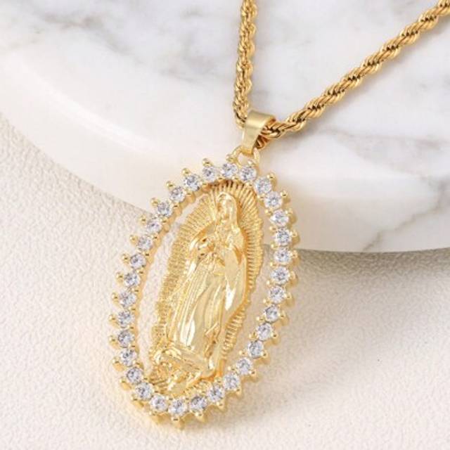 SHEIN 1pc 24k Gold Plated Copper & Cubic Zirconia High-end Virgin Mary Pendant Necklace For Men & Women, Vintage Catholic Christian Jewelry