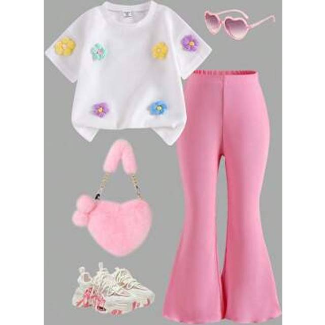 SHEIN 2pcs/Set Young Girl Cream Waffle Short Sleeve Top With 3D Floral, Pink Knitted Flared Pants Casual Activewear, Cute