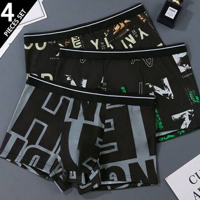 SHEIN 4pcs Men&#39;s Ice Silk Printed Boxer Briefs, Lightweight & Breathable Summer Underwear