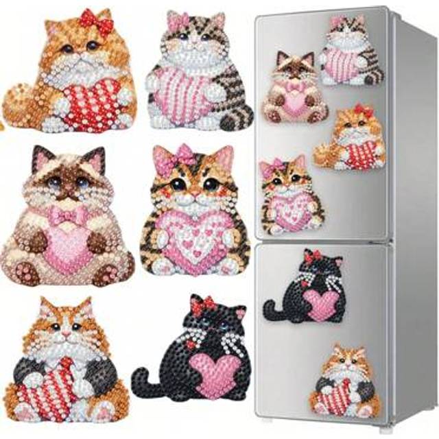 SHEIN 6pcs Diamond Art Fridge Magnets, Heart & Kitten Diamond Painting Kits For DIY Crafts, Gifts, Fridge, Mailbox Decorations