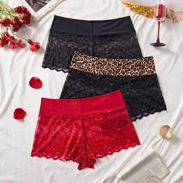 SHEIN 3pcs/Set Plus Size Women Lace Patchwork Underwear, Simple Romantic French Style Briefs