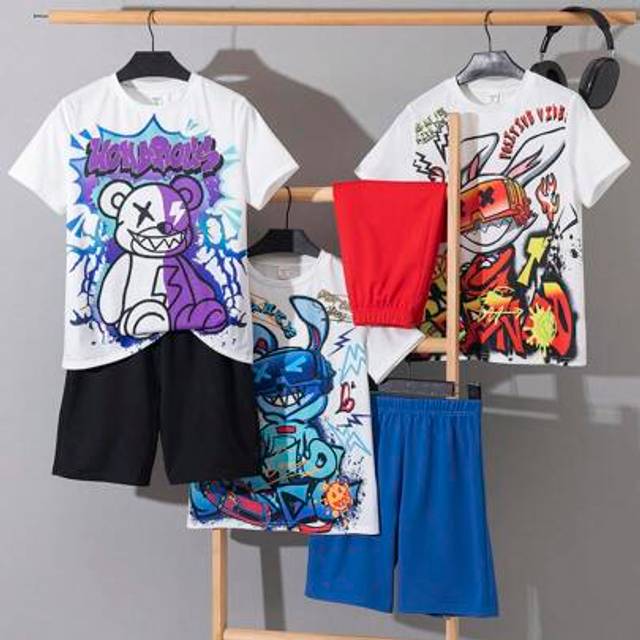 SHEIN 6pcs/Set Tween Boy Casual Street Fashion Graffiti Graphic Round Neck Short Sleeve T-Shirt & Shorts Set, Soft Fabric, High Cost-Performance, Suitable F