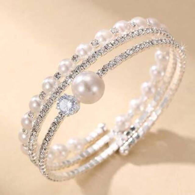 SHEIN 1pc Fashionable Luxurious Rhinestone & Faux Pearl Hinged Bangle Bracelet, Suitable For Wedding And Daily Wear