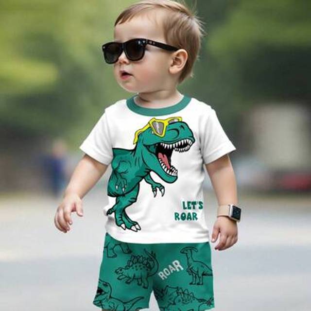 SHEIN Baby Boy Casual Cartoon Dinosaur Print Round Neck Short Sleeve T-Shirt & Shorts 2 Pieces Set, Suitable For Summer