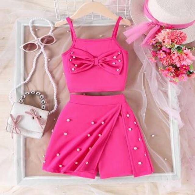 SHEIN 2pcs/Set Young Girl Cute Bow Pearl Sleeveless Vest Dress And Shorts Set, Summer