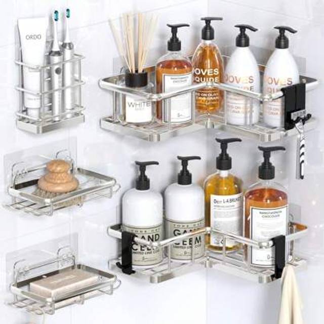 SHEIN 5pcs Black Stainless Steel Corner Shower Caddy, Rustproof And Drill-Free Wall-Mounted Bathroom Shelves With Hooks For Shampoo, Soap, And Essentials, N