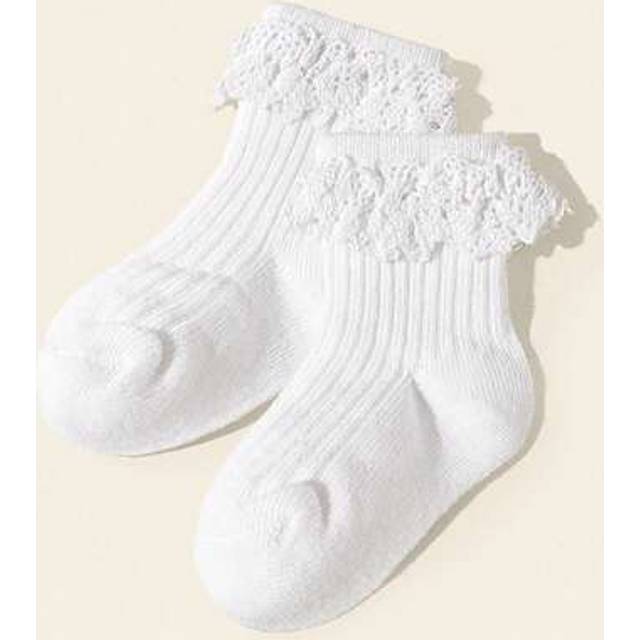 SHEIN 3 Pairs White Lace Trim Socks, Pure White Lolita Design, Breathable & Soft, Fashion All Season, Spring/Summer/Autumn/Winter, Suitable For Baby Girls A