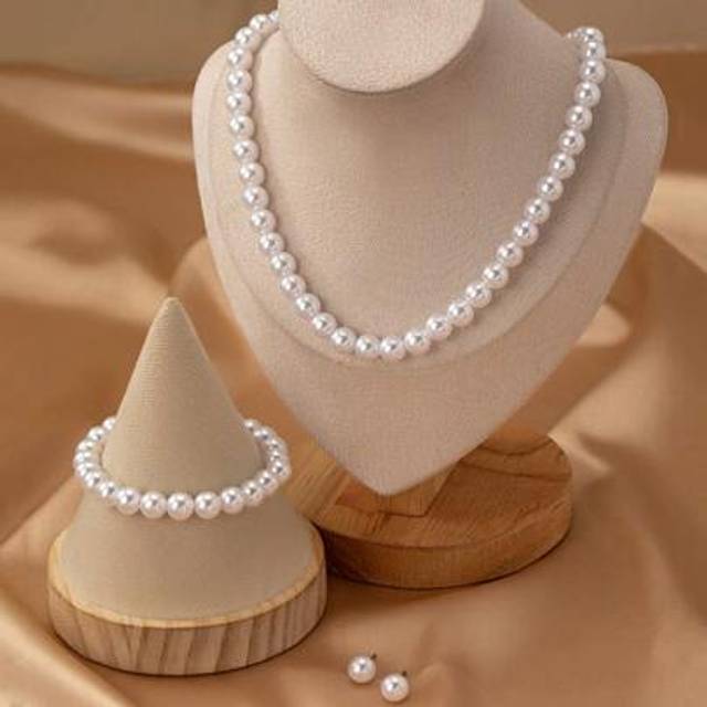 SHEIN 4pcs Fashionable Simple & Elegant Faux Pearl Beaded Necklace Bracelet Earrings Jewelry Set, Perfect For Dinners, Dates, Gatherings, And Parties, To Ma