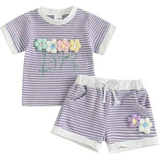 SHEIN Kids Girl Summer Outfits Stripe Waffle Flower Embroidery Crew Neck Short Sleeve Tops Elastic Waist Shorts 2Pcs Clothes Set