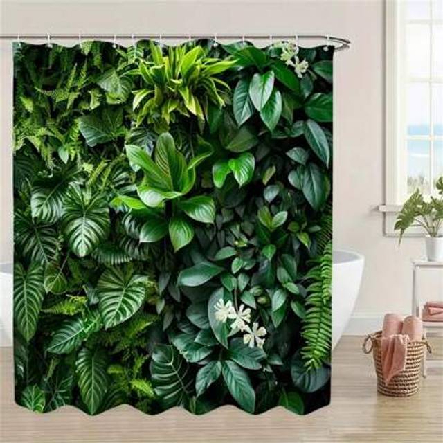 SHEIN Botanical Palm & Leaf Shower Curtain - HD Digital Print, Easy-Clean Polyester, Includes Hooks For Quick Installation Home Bathroom Decor Summer