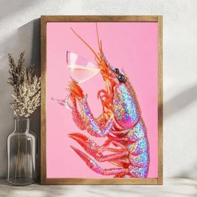 SHEIN 1pc/Set Modern Creative Pink Crayfish Cocktail Posters And Prints, Funny Crayfish Art Aesthetic Painting Canvas Wall Arts Print,Apartment,Bedroom,Livi