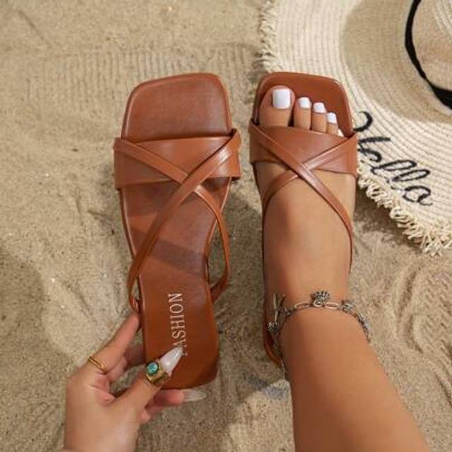 SHEIN Wide Fit-Friendly, Summer 2025 Women Square Toe Flat Sandals | Simple Criss-Cross Strap Slip-On | Lightweight Soft Bottom Breathable Design | Soft Foo