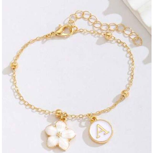 SHEIN 1pc Fashionable And Popular Flower & Initial Letter Charm Beads Bracelet For Kids Customized Name Alphabet Bracelet For Summer Beach Vacation Holiday