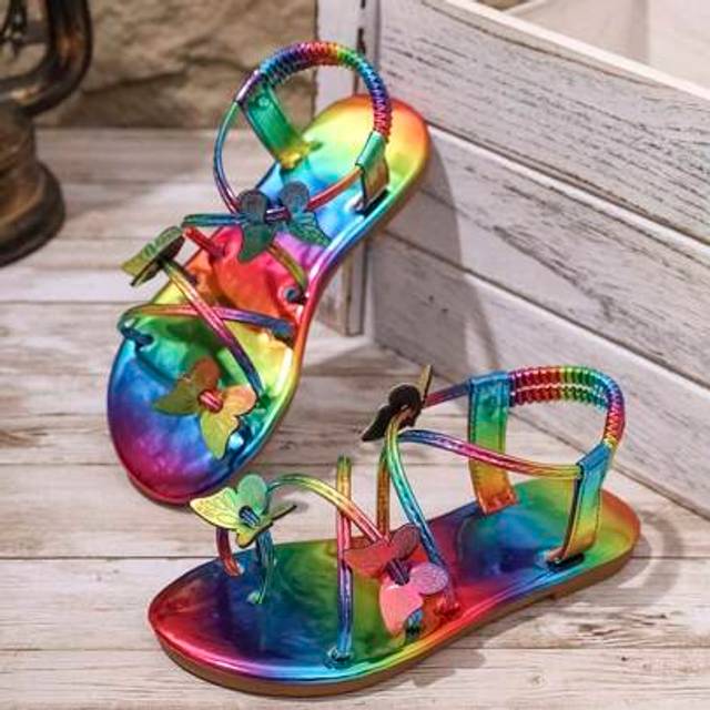 SHEIN 2025 Summer New Set Toe Fashion Cross Strap Flat Round Toe Comfortable Non-Slip Elastic Buckle Butterfly Accessory Children&#39;s Beach Sandals