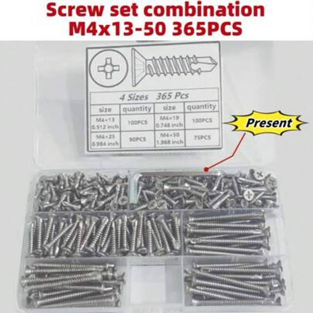 SHEIN 365pcs #8 M4 Stainless Steel Self-Tapping Screw Set - Cross Drive Countersunk Head Self-Tapping Wood Screws - Full Threaded Metal Screws, 1/2 &#34;-2&#34; Len