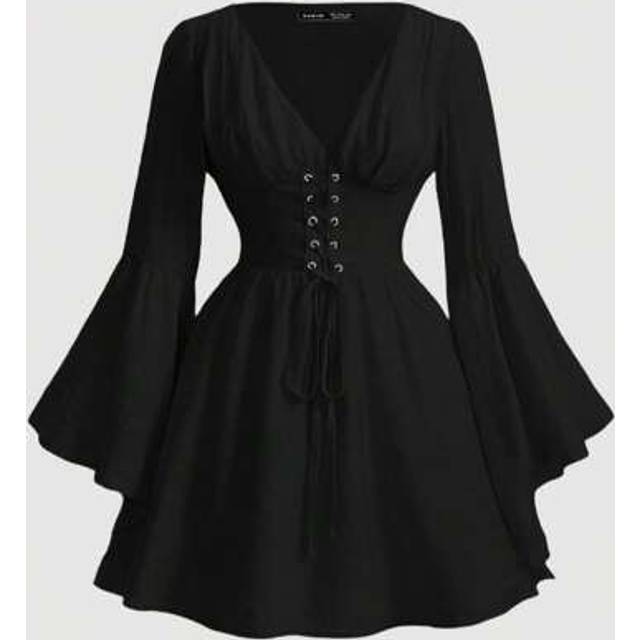 SHEIN Plus Size Formal Dress Prom Dress With Sleeves Ladies&#39; Flared Sleeves Waist Tie Dress,Graduation Dress