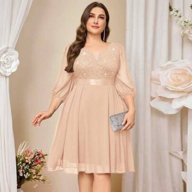 SHEIN Plus Deep V-Neck Sequin Lace Contrast Chiffon Bishop Sleeve Formal Party Swing Dress, Elegant Prom Semi Formal Wedding Guest Dress, For Birthday, Grad