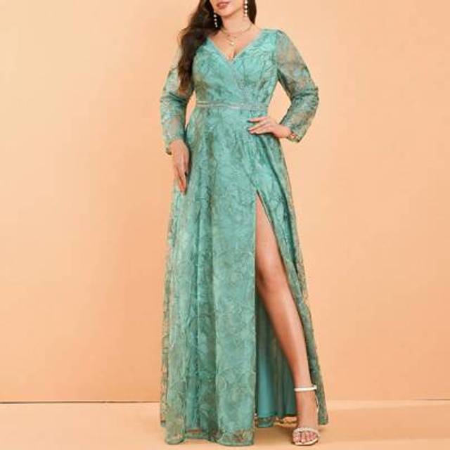 SHEIN Plus Size Anpokt V-Neck Embroidered Lace Trim Long Sleeve Big Swing Open Slit Maxi Evening Dress, Formal, Party Dress, Gown, For Wedding Guest