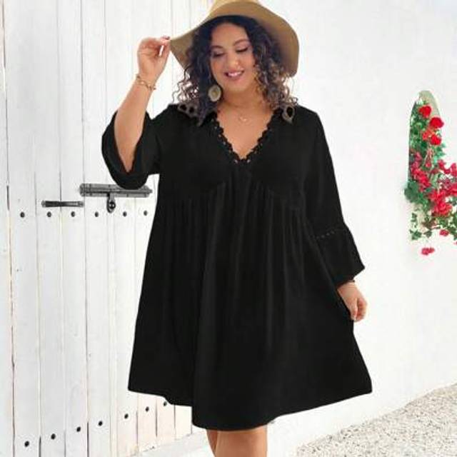SHEIN Plus Size Holiday Casual White Bell Sleeve Bohemian Style Linen DressbeachÂOutfitsÂForÂWoman/BeachÂDress/BeachÂVacationÂOutfits/BeachÂEssential