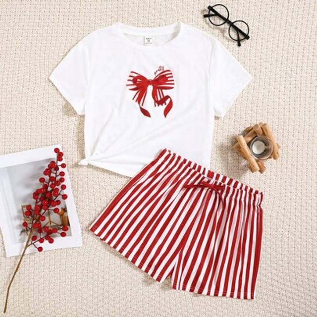 SHEIN Teen Girl Teen Girl Simple Bow Decor Round Neck Short Sleeve T-Shirt And Striped Shorts Soft Comfy Pajamas Set 2pcs