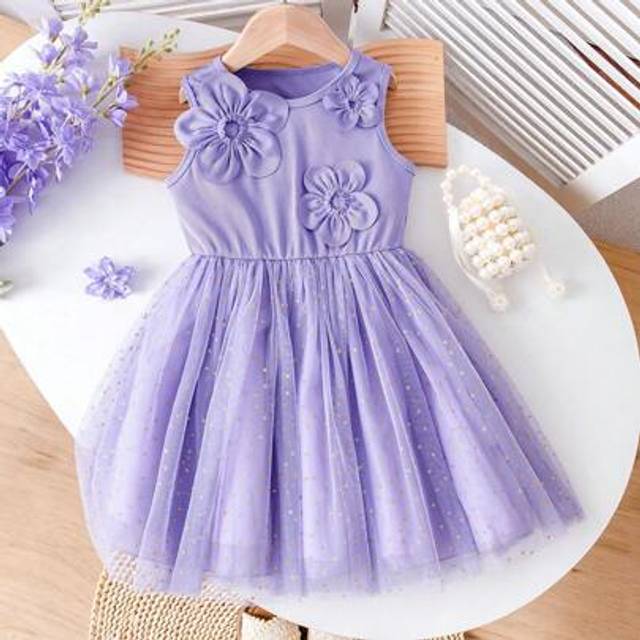 SHEIN Girls Young Girl Purple 3D Floral Knitted Ribbed Advanced Glitter Mesh Tulle Dress, Lightweight Children Princess Tutu Dress Suitable For Summer, Wedd