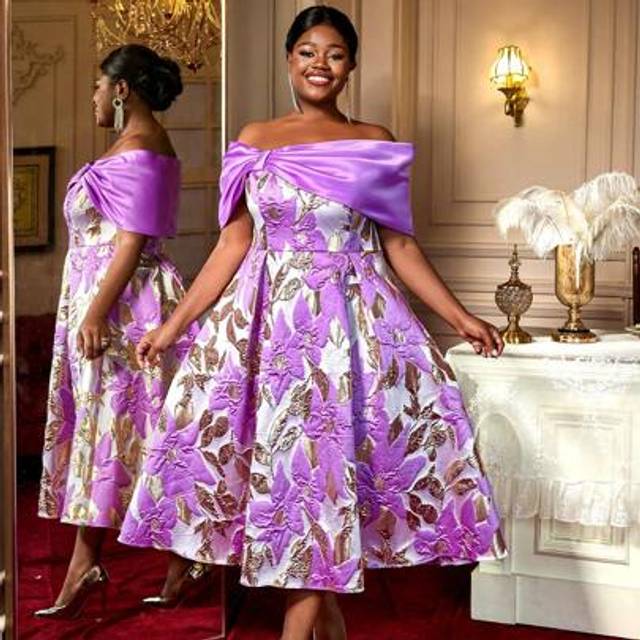 AOMEI Purple Jacquard A Line Party Dresses Off Shoulder Big Bow Event Brithday Wedding Guest Plus Size Gowns Back To School