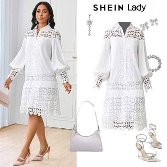 SHEIN Spring And Summer Casual Elegant Work  White Contrast Lace Shirt Dress Tunic Dress Midi Women Dresses