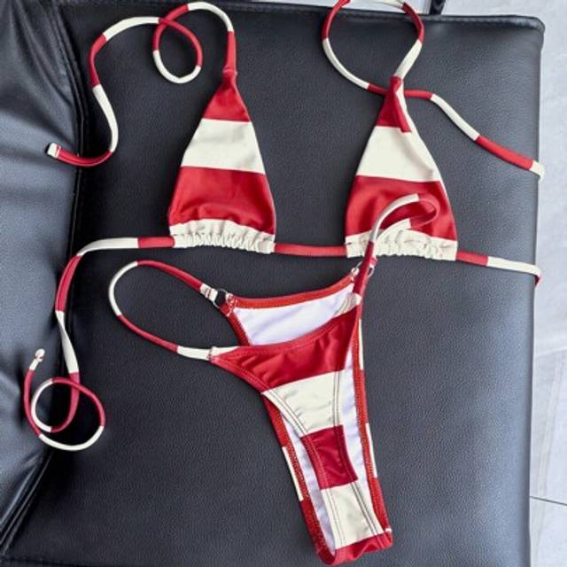 Swim Vcay Sexy Red & White Striped Micro Top & Thong Bottom Bikini Set, Bathing Suit