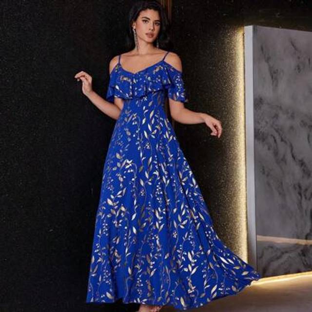 SHEIN Women Formal Party Gold Foil Embellishment Evening Dress, Wedding Guest Dress, Gown