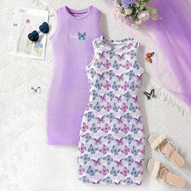 SHEIN 2pcs Tween Girl&#39; Butterfly Pattern Contrasting Ribbed Bodycon Sleeveless Casual Street Chic Dress, Summer