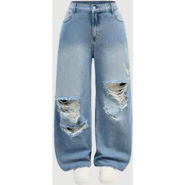 SHEIN Plus Size Women Casual Loose Fit Flare Ripped Jeans, Blue Summer,Vacation Outfits Woman,Easter,Spring,Western,Office Outfits For Women,Cottagecore,Cou
