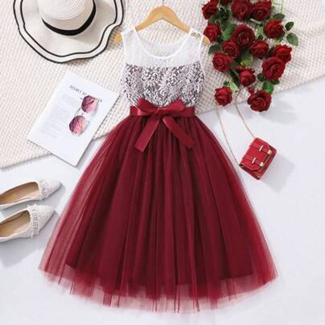SHEIN Tween Girls&#39; Elegant Sweet Contrast Color Lace Contrast Mesh Dress Summer Holiday