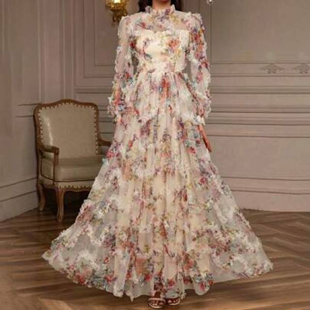 SHEIN Everly L Lapel Lantern Sleeve Ruffled Heavy Mesh Printed Waist Cinching Puffy Swing Long Gown Dresses Elegant Long Sleeve Prom Semi Formal Wedding Gue