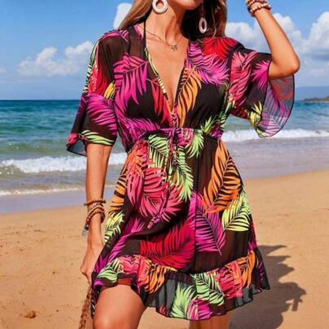 SHEIN Women&#39;s Tropical Plant Print Beach Cover-Up Dress, Summer