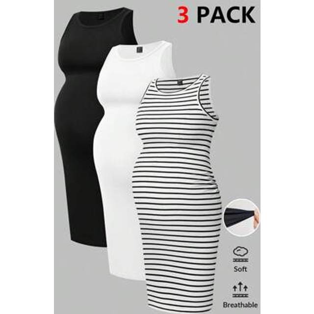 SHEIN Pregnant Women Solid Color + Stripe Print Round Neck Sleeveless Dress Maternity Dress