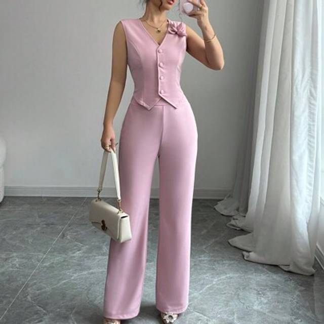 Gloray 2 Pieces/Set Women&#39;s Solid Color 3D Flower Single Breasted Vest Commuting Elegant Vacation Casual Flare Pants Set