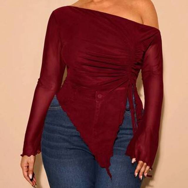 SHEIN Women Plus Size Solid Color Oblique Shoulder Long Sleeve Tie Waist Casual Top