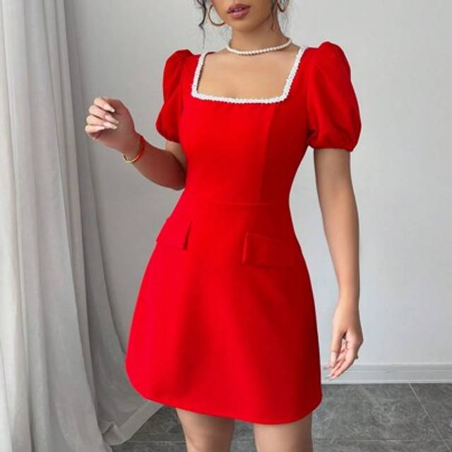 Calvaya Women&#39;s Red Valentine&#39;s Day Graduation Romantic Birthday Spring Summer Evening Dress Elegant And Sexy Square Neck Retro Palace Cute Splicing Small Fra
