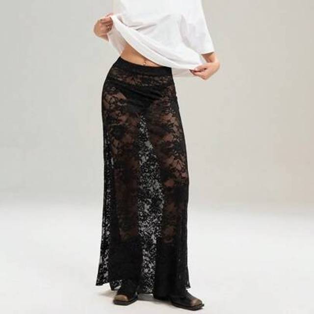 SHEIN Plus Size Women&#39;s Sexy Extra Long Black Lace Skirt, Summer