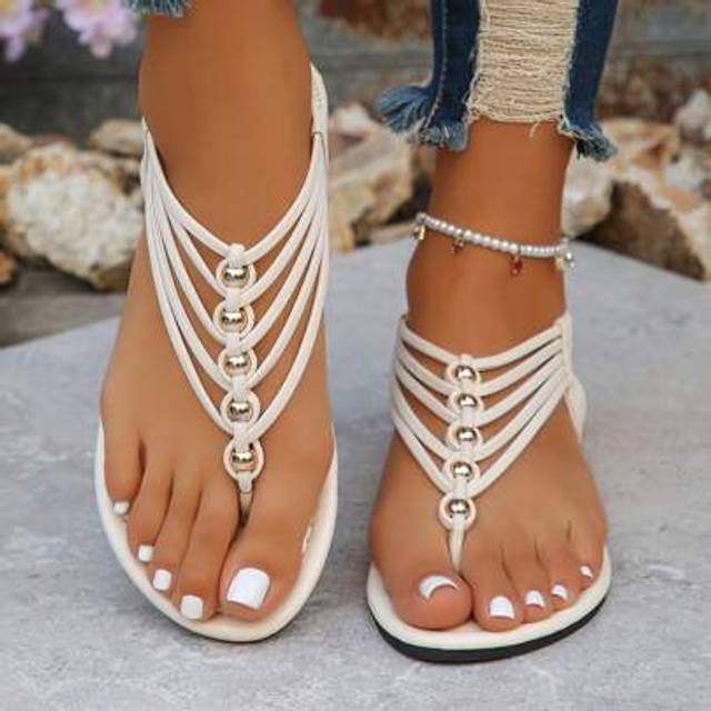 SHEIN Women&#39;s Elastic Strap Solid Color Boho Fashion Vacation PU Leather Beaded Criss-Cross Flat Sandals For Party, Beach, Outdoor In Summer