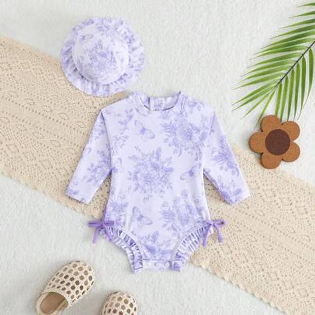 SHEIN Newborn Baby Girls Cute Floral Print Ruffled Long Sleeve Swimsuit With Swim Cap, Suitable For Summer Beach Holiday