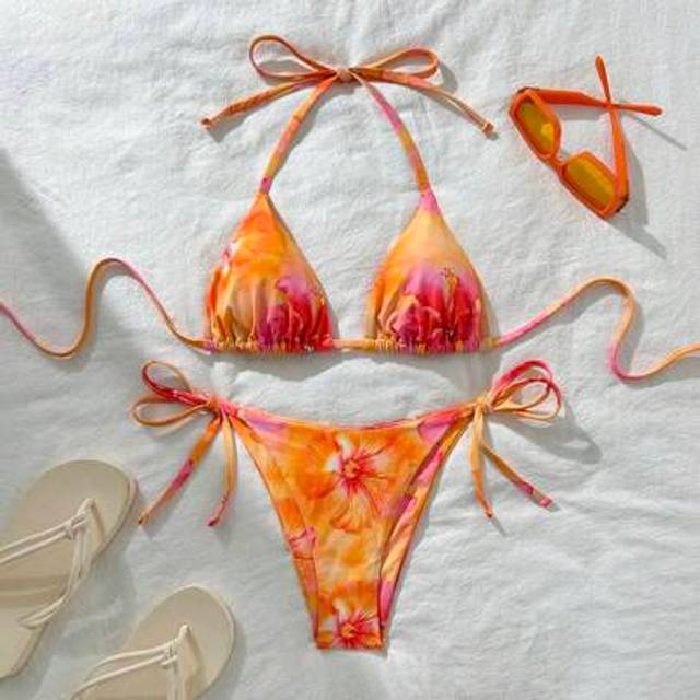SHEIN Women&#39;s Random Print Halter Neck Tied Bikini Set, Summer