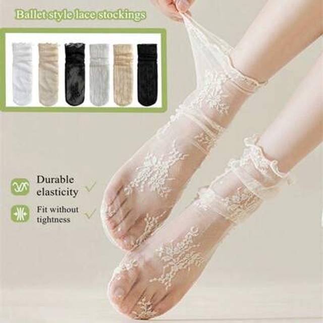 SHEIN 1/3 Pairs Flower Print Lace See-Through Women Mid-Calf Socks, Decorated Mesh Socks To Match Leather Shoes And Sandals For Spring/Summer