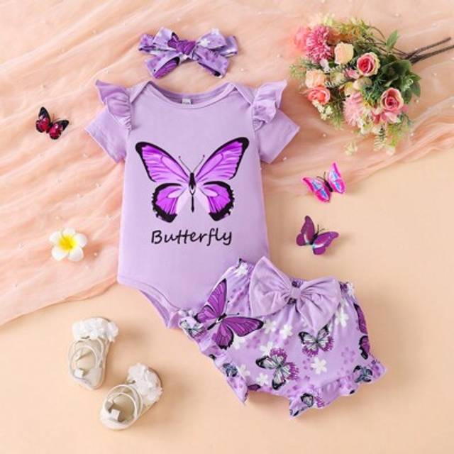 SHEIN Infant Baby Girls Summer Fashionable Cute Letter Butterfly Print Cap Sleeve Romper & Ruffle Hem Shorts With Headband 3pcs Set