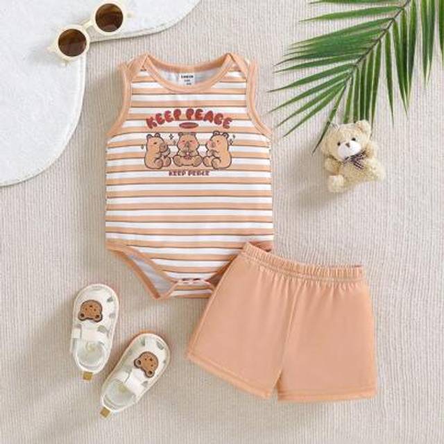 SHEIN New Born Baby Cute Striped 2pcs Set Romper And Shorts, Spring/Summer