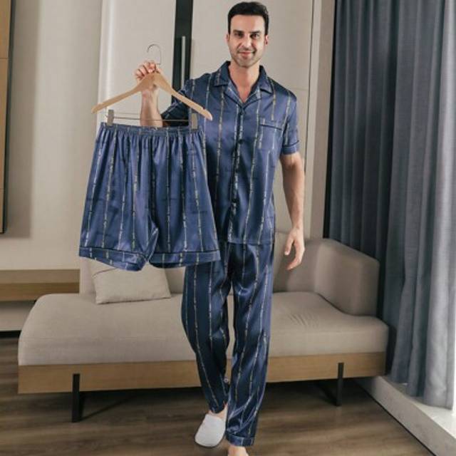 SHEIN Three Piece Sets Men&#39;s Letter Printing Satin Pajama Set Long Pants Silk Sleepcoat Button Style Short Sleeved Cardigan Top Home Clothing Summer Shorts