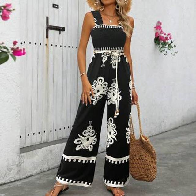SHEIN Women&#39;s Spring/Summer Casual Vacation Apricot Base Black Floral Print Ruffle Hem Sleeveless Wide Leg Jumpsuit