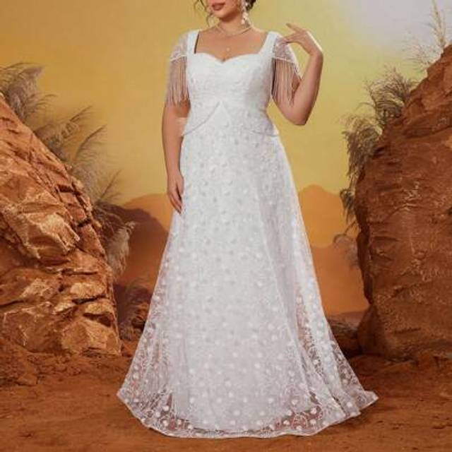 SHEIN Anpoket New Arrival V-Neck Off Shoulder Delicate Plus Size Wedding Dress Embroidery Ruffle Hanging Bead Chain Short Sleeve Long Dress