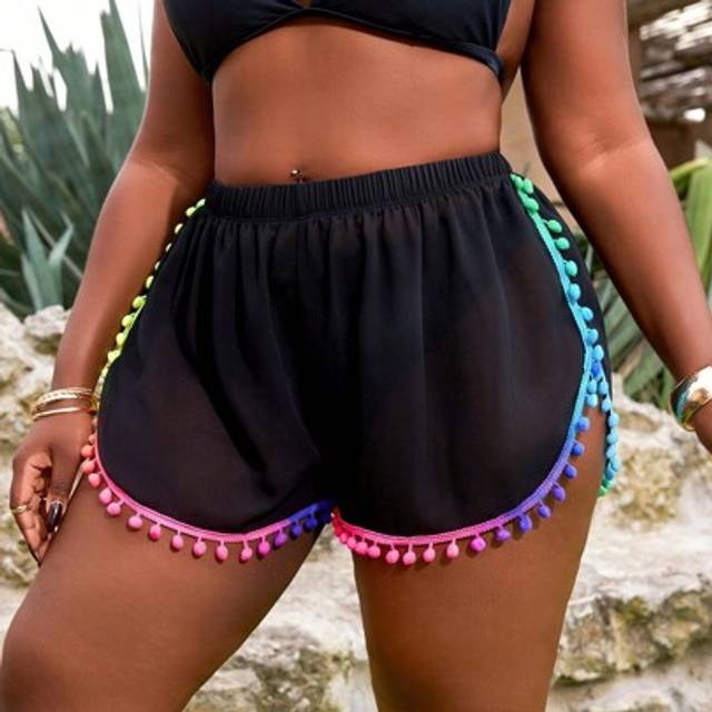 Slaydiva Plus Size Elastic Waist Pom Pom & Mesh Trim Casual Vacation Beach Shorts & Cover Up Summer
