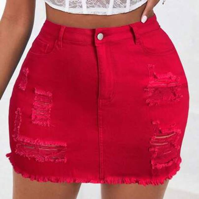 SHEIN Plus Size Denim Elastic Ripped Sexy Mini Skirt Red Denim Women Summer Outfits  Old Money